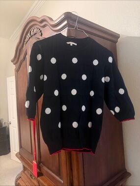 Black Polka Dot Crewneck Sweater with Red Trim